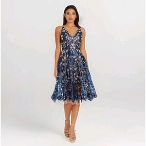 Dress the Population Blair Dress Sequin Lace Party Plunge VNeck Cocktail Blue S
